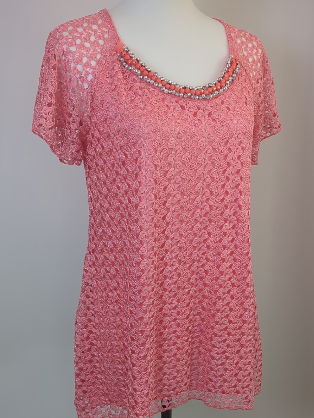 Brittany Black Coral Pink Lace Overlay Blouse Scoop Neck Beaded Embellished Top - Picture 12 of 14